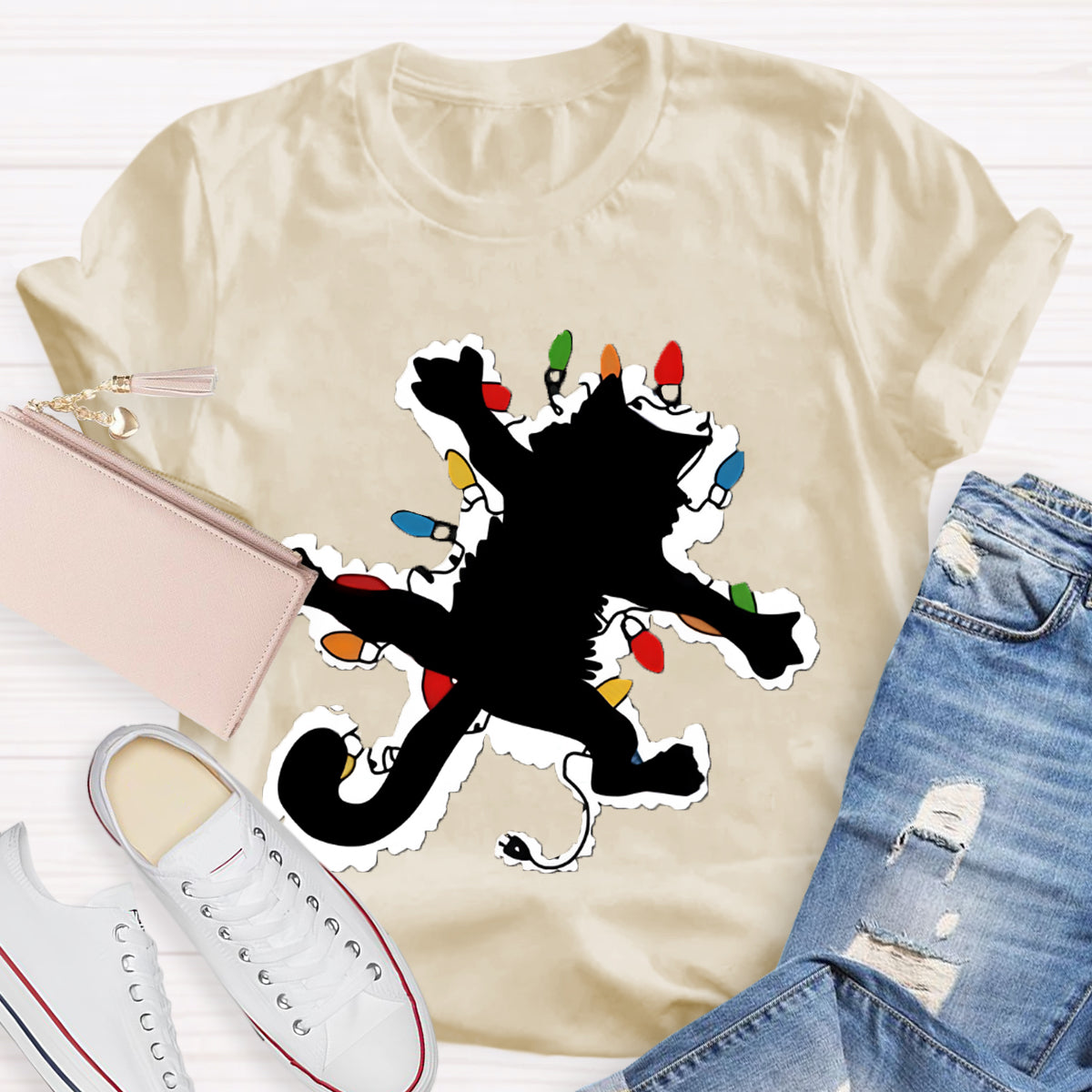 Pussy Cat And  Lights Christmas T-Shirt