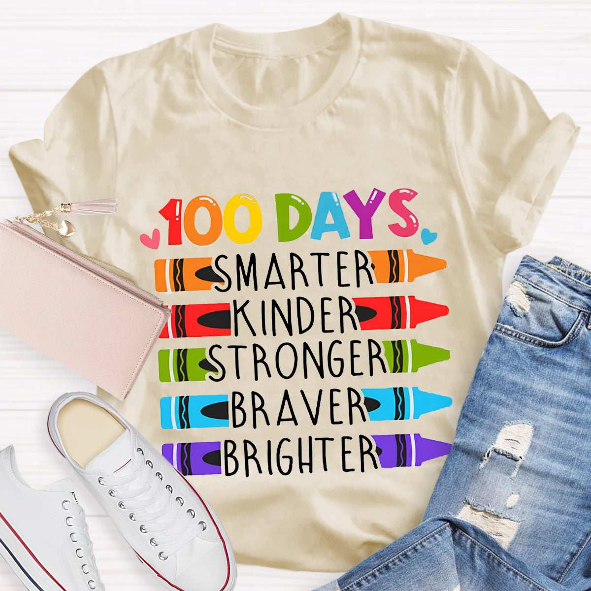 100 Days Smarter Kinder Stronger Crayon T-Shirt