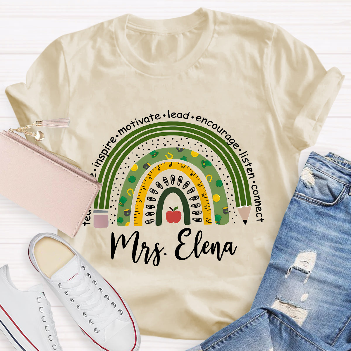 Personalized Name Green Rainbow Teach Love Inspire T-Shirt