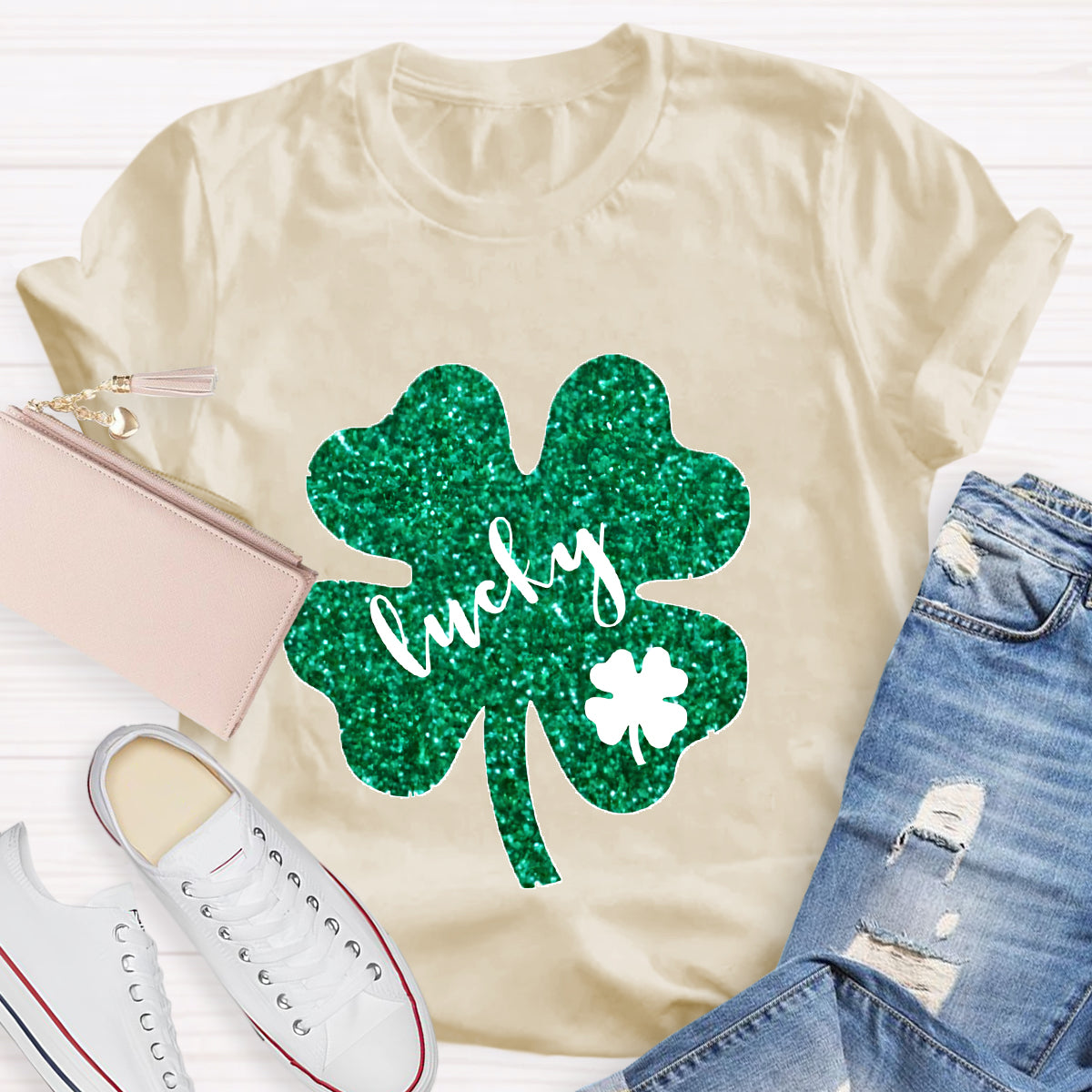 Green Glitter Shamrock Lucky Teacher T-Shirt