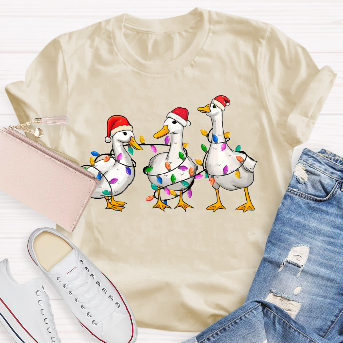 Christmas Ducks With Colorful Lights Teacher T-Shirt