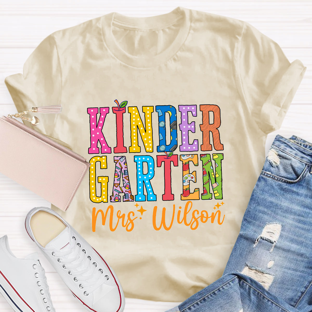 Personalized Teacher Name And Grade Apple Printed T-Shirt
