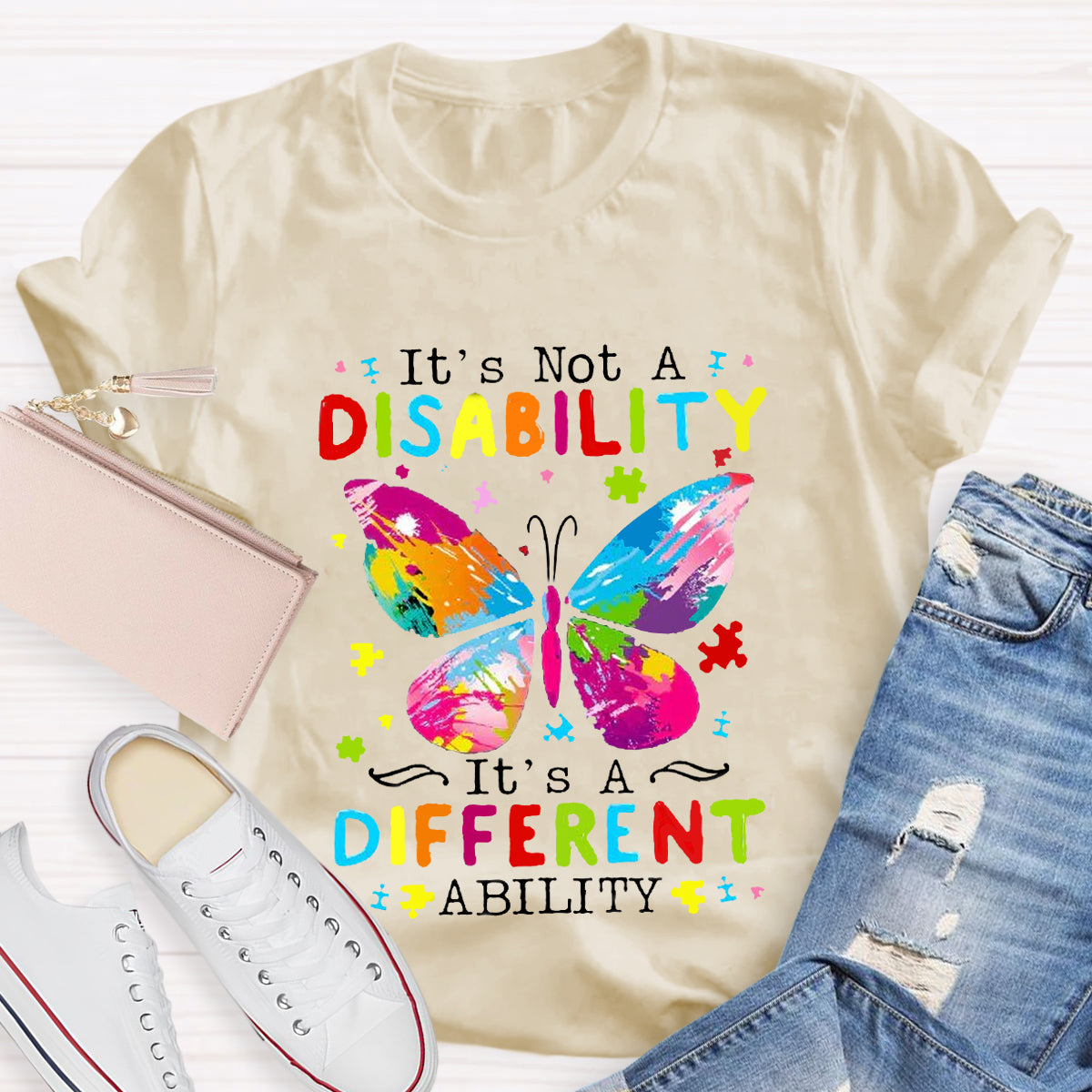 It's Not A Disability It's A Different Ability Puzzle Butterfly Teacher T-Shirt