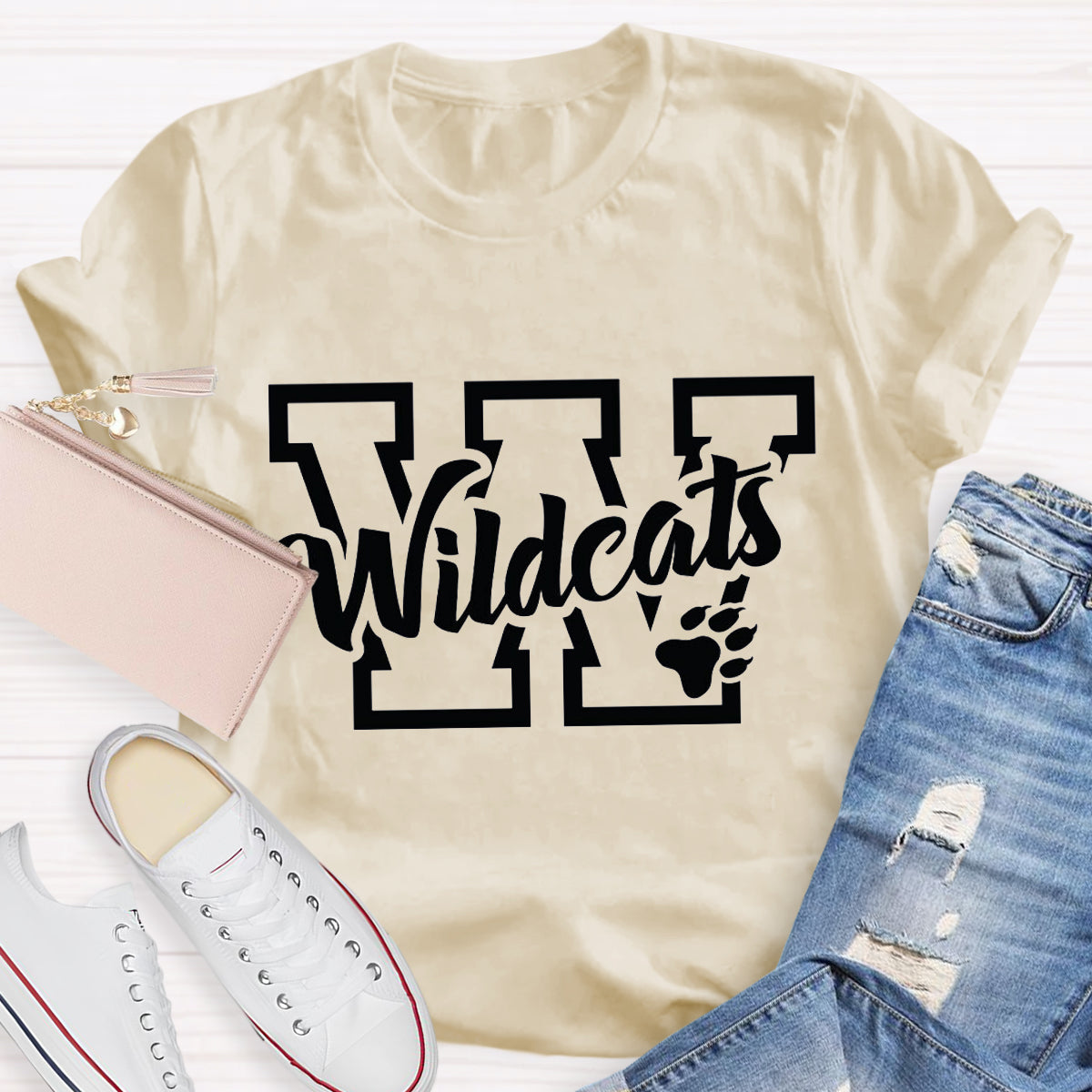 Personalized School Mascot Wildcats Black Letters Teacher T-Shirt