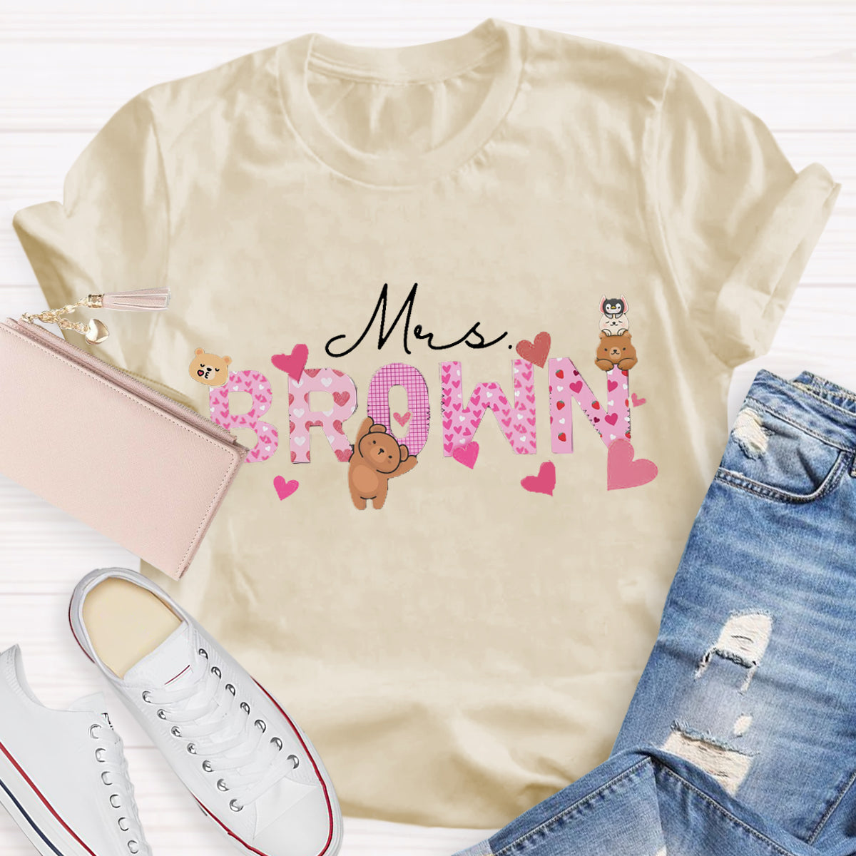 Personalized Name Pink Heart Teacher T-Shirt