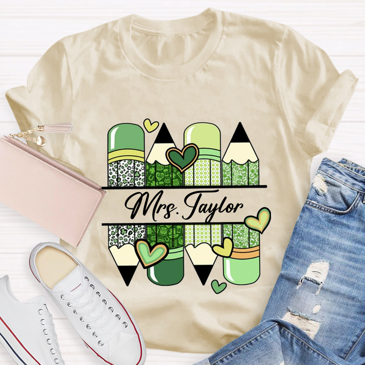 Personalized Name Green Heart Pencil Teacher T-Shirt