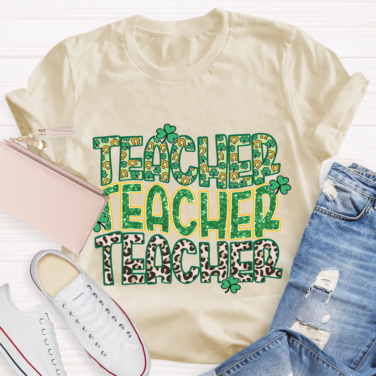 Green Clover Leopard Print Design Teacher T-Shirt