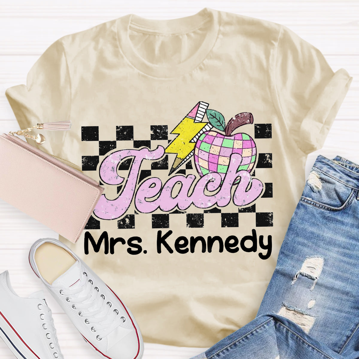 Personalized Teacher Name Retro Checkered Teacher T-Shirt