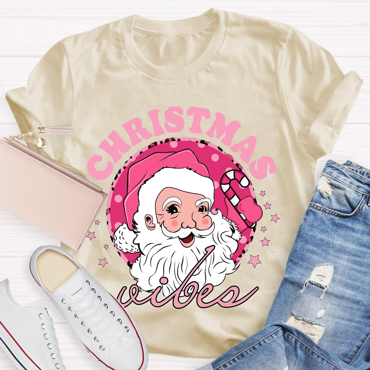 Christmas Vibes Pink Santa Claus T-Shirt