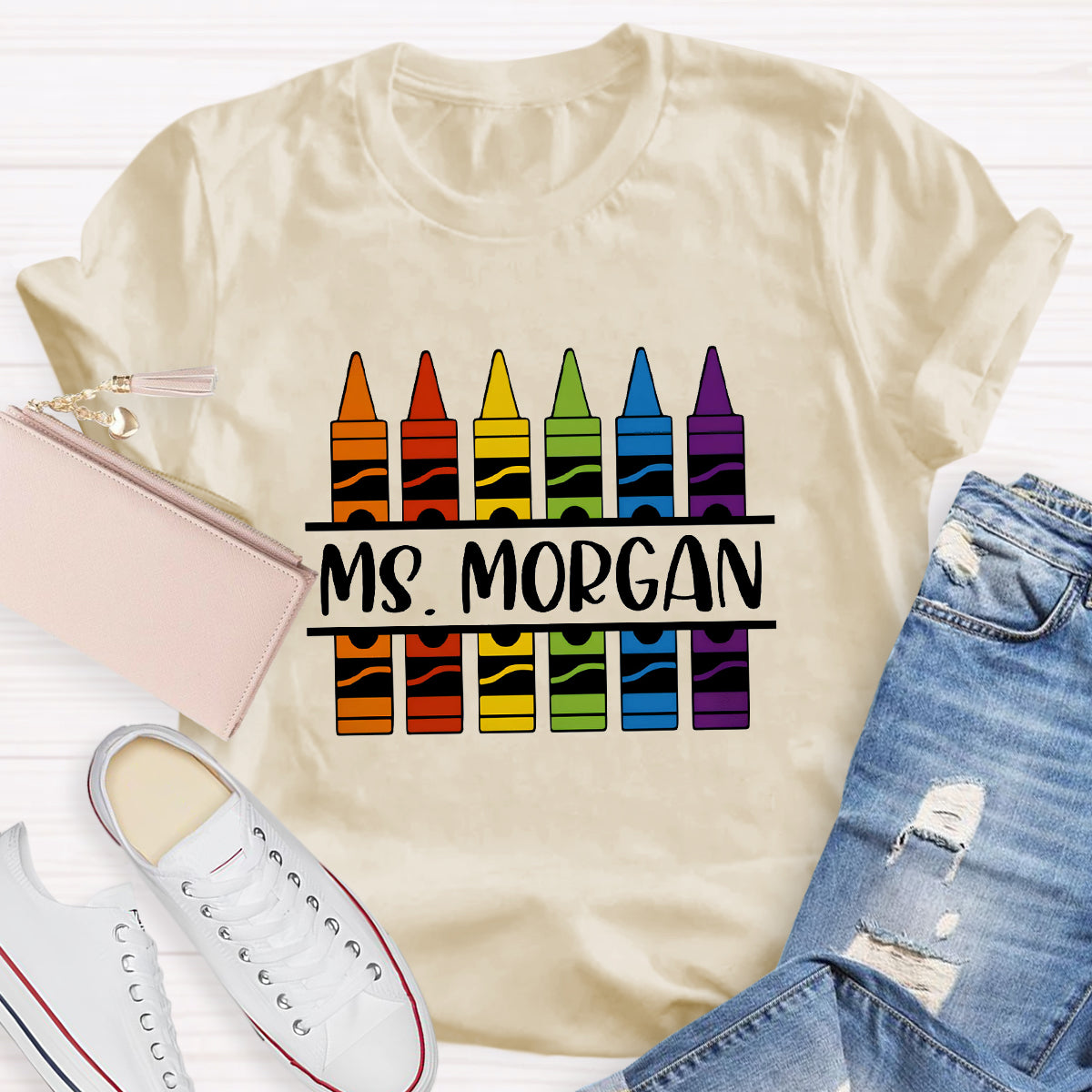 Personalized Name Crayon Printed Teacher T-shirt
