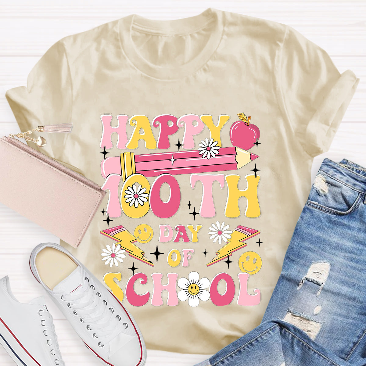 Happy 100 Days Of School Pink Pencil Teacher T-Shirt