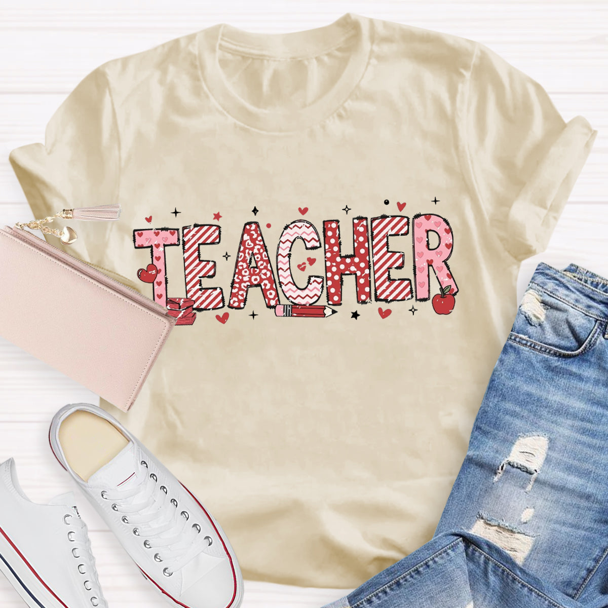 Valentine's Day Pink Heart Pencil Teacher T-Shirt