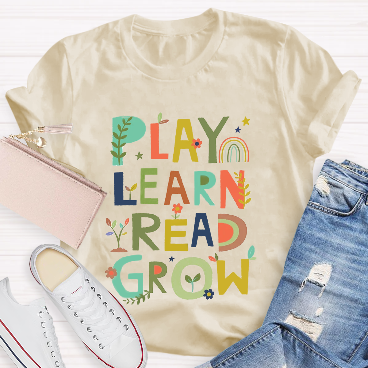 Play Learn Read Grow  Teacher T-Shirt