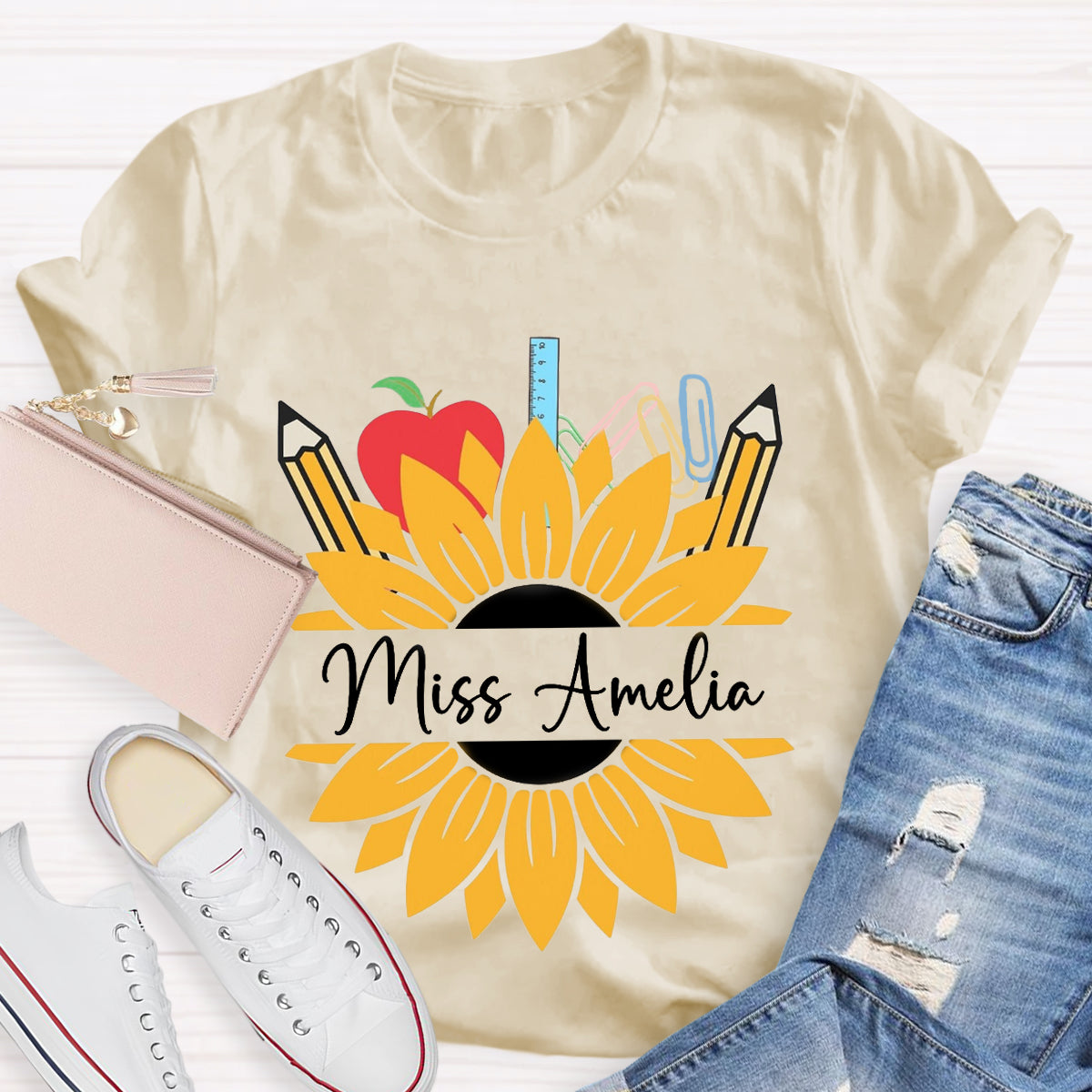 Personalized Name Sunflower Apple Pencil Teacher T-Shirt