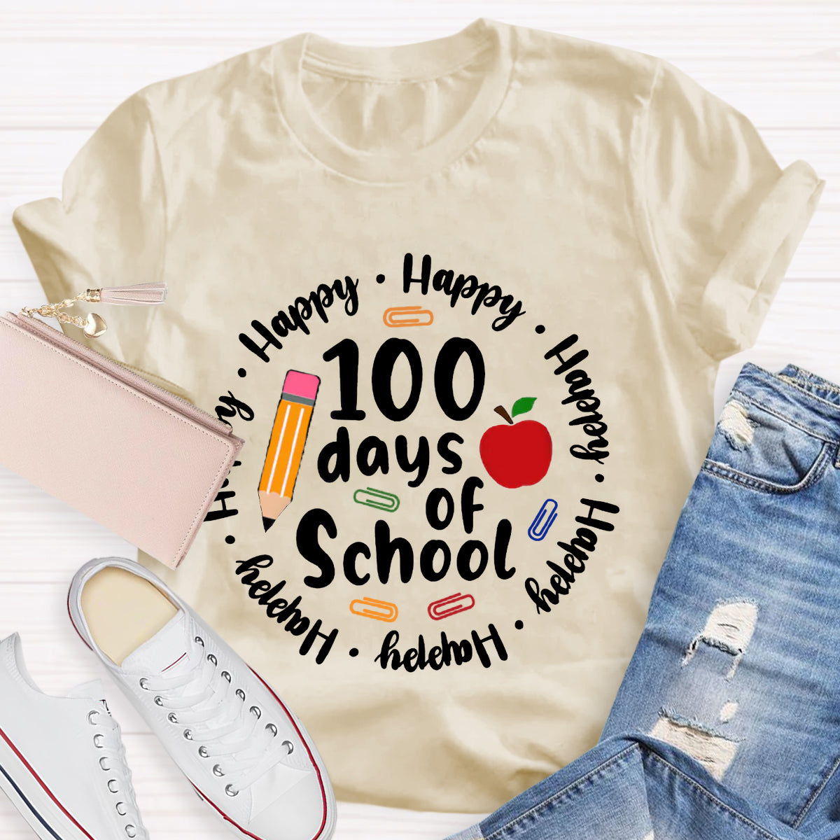 Happy 100 Days Of School Apple Pencil Teacher T-Shirt