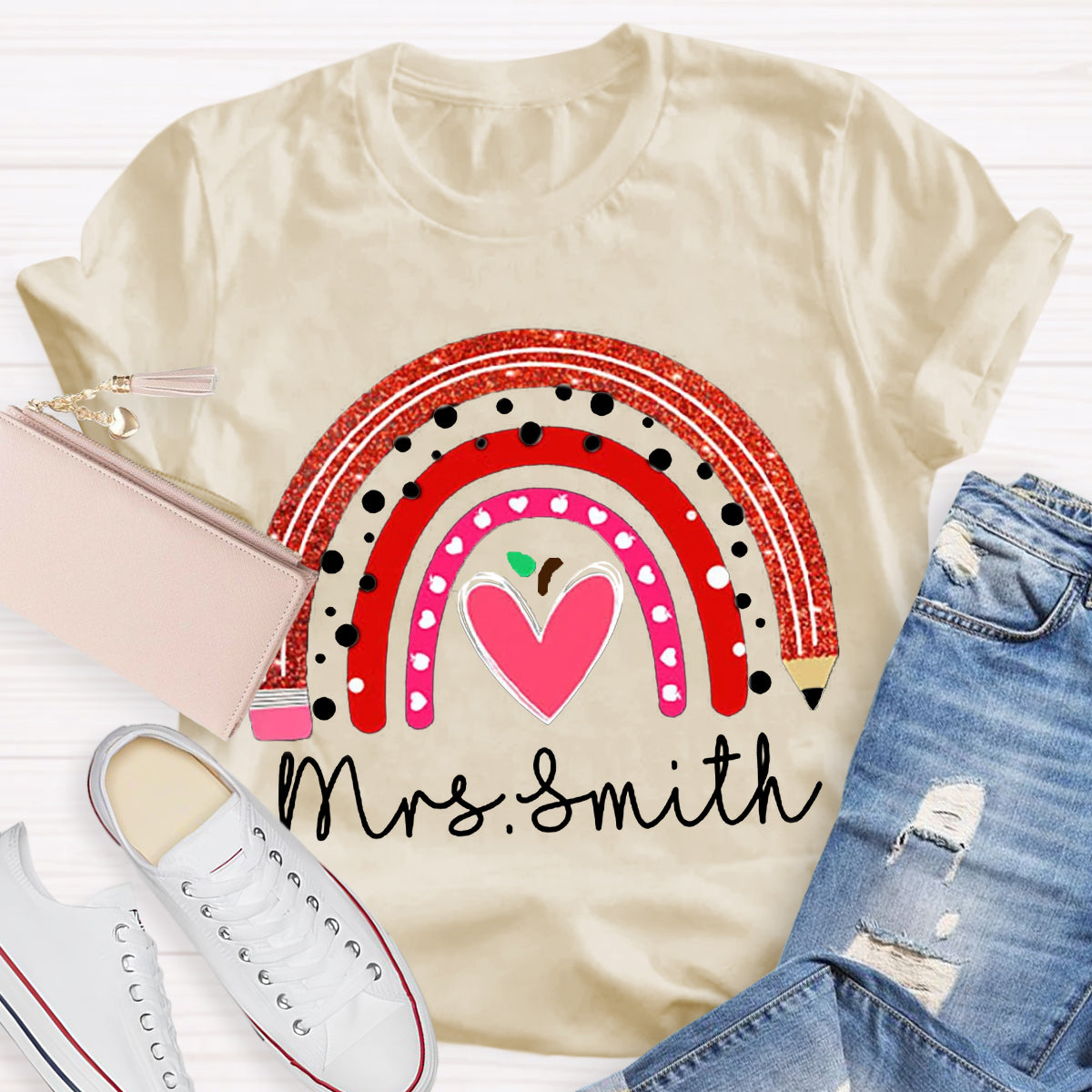 Personalized Name Rainbow Pencil Heart-Shaped Apple Teacher T-Shirt