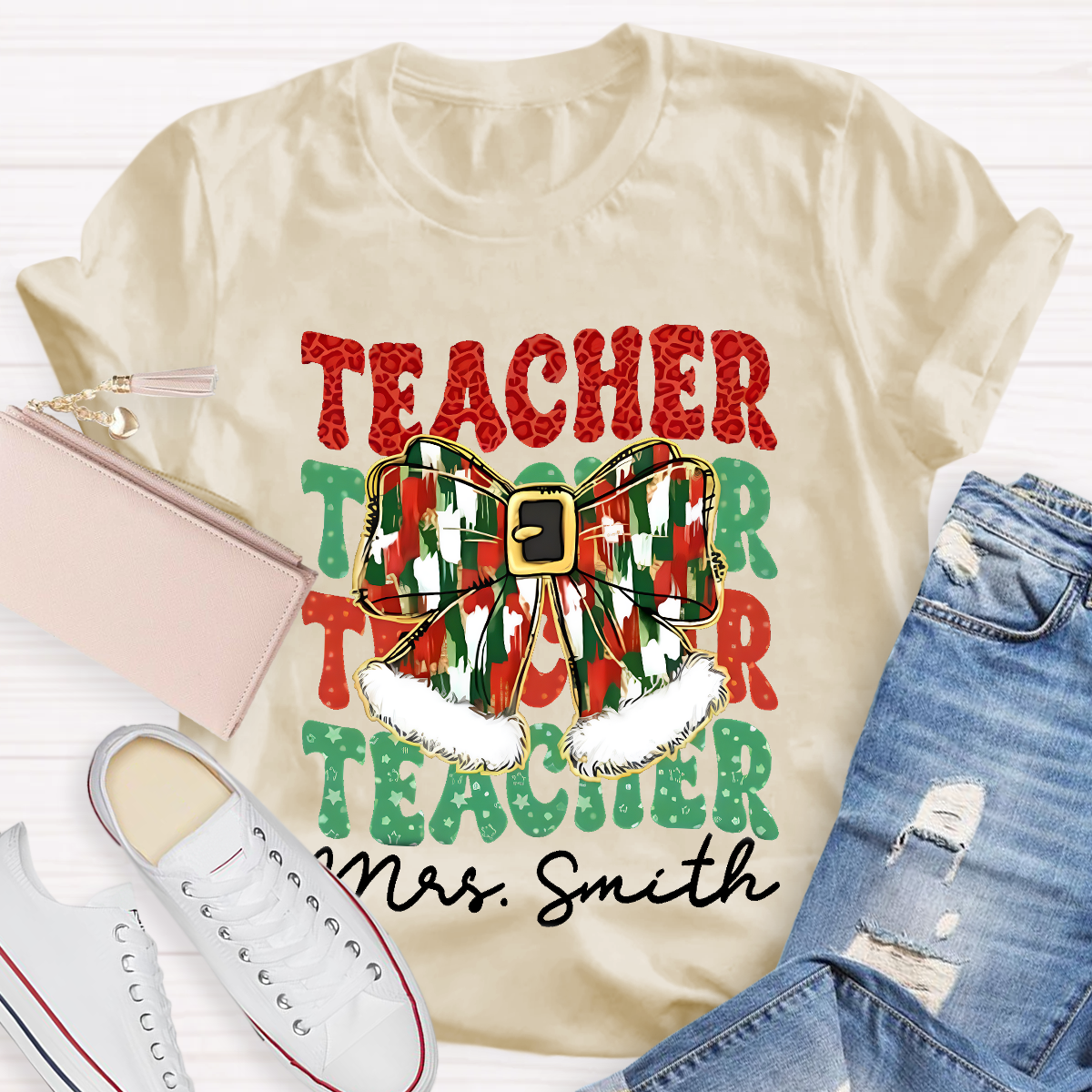 Personalized Name Bow Christmas Teacher T-Shirt