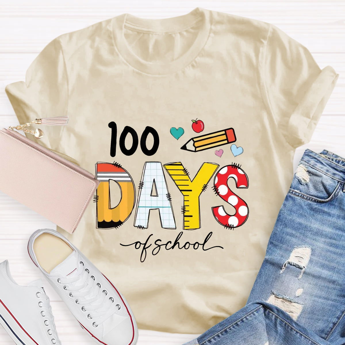 100 Days Of School Pencil Apple Teacher T-Shirt