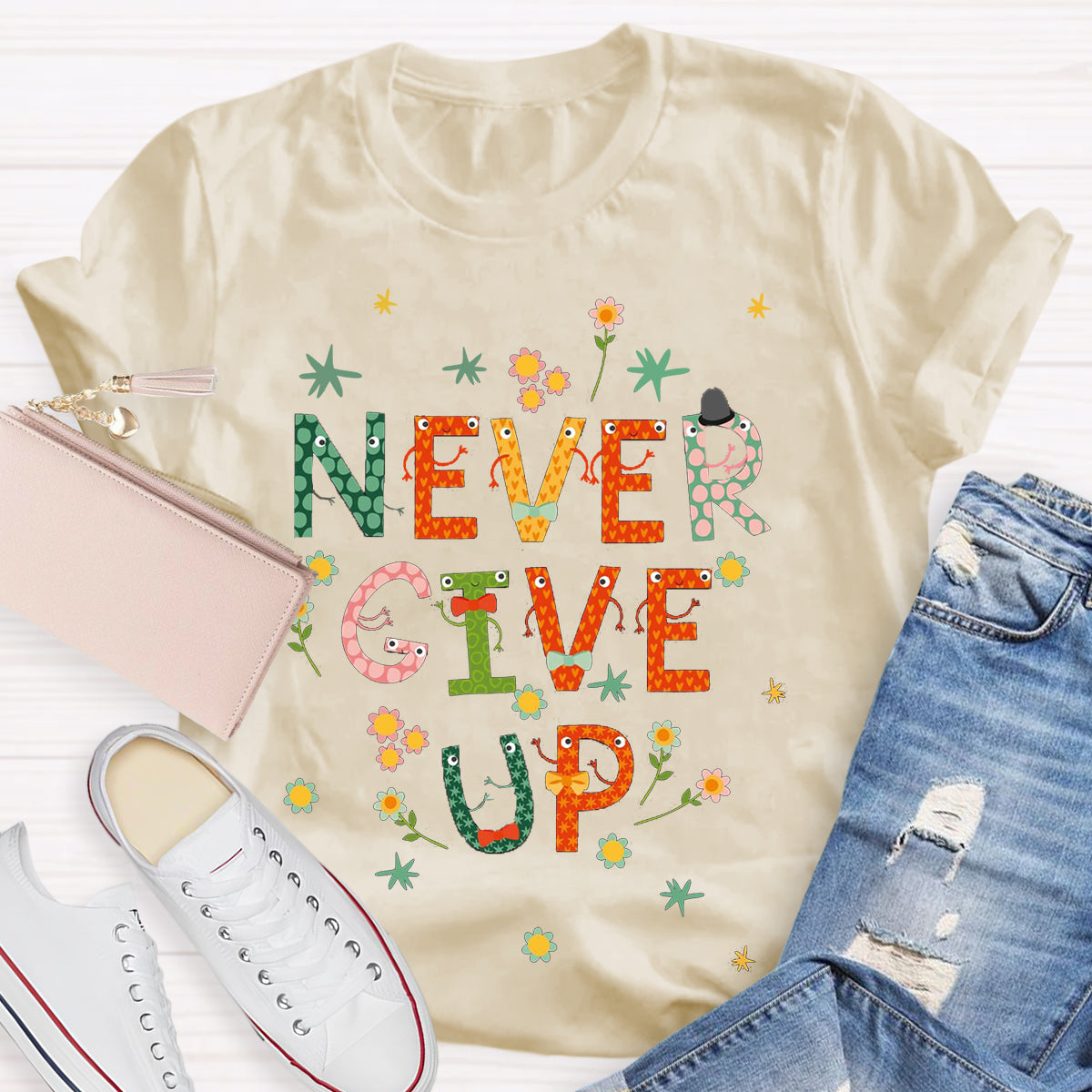 Cute Floral Never Give Up T-Shirt