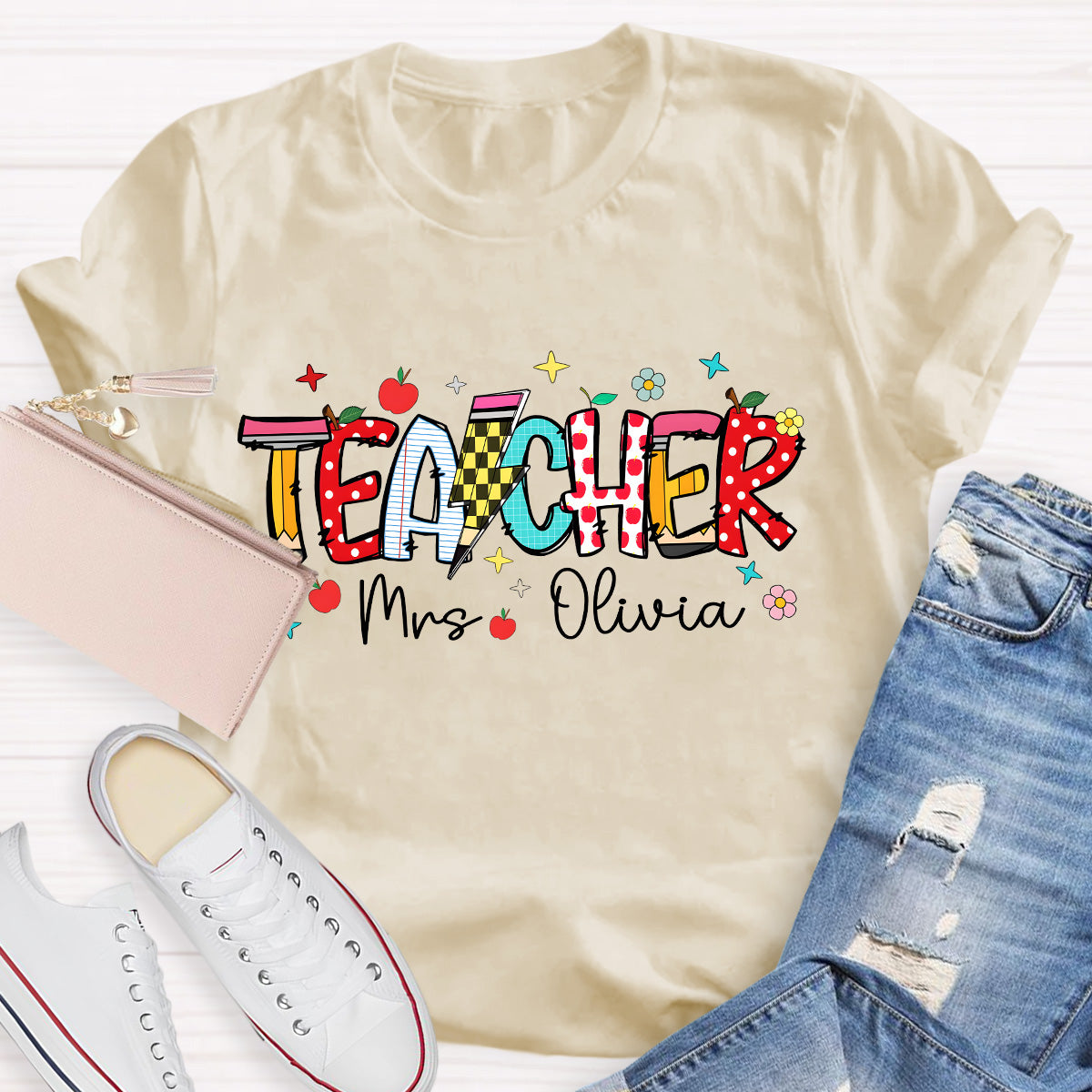 Personalized Name Star And Flower Teacher T-Shirt