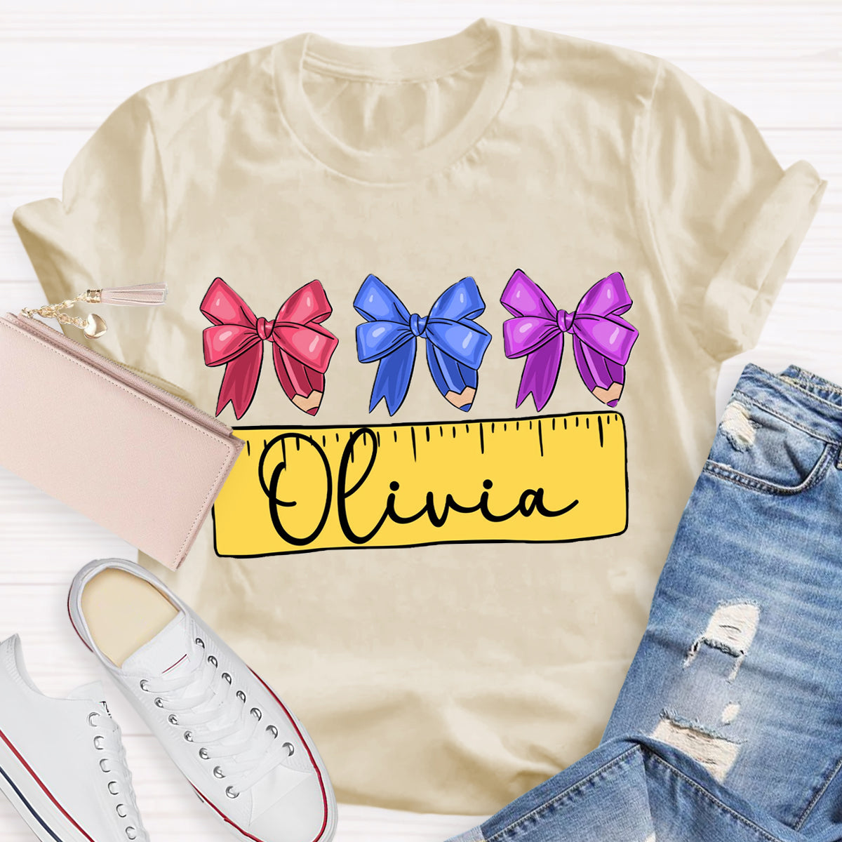 Personalized Name Bow Ruler Print Teacher T-Shirt