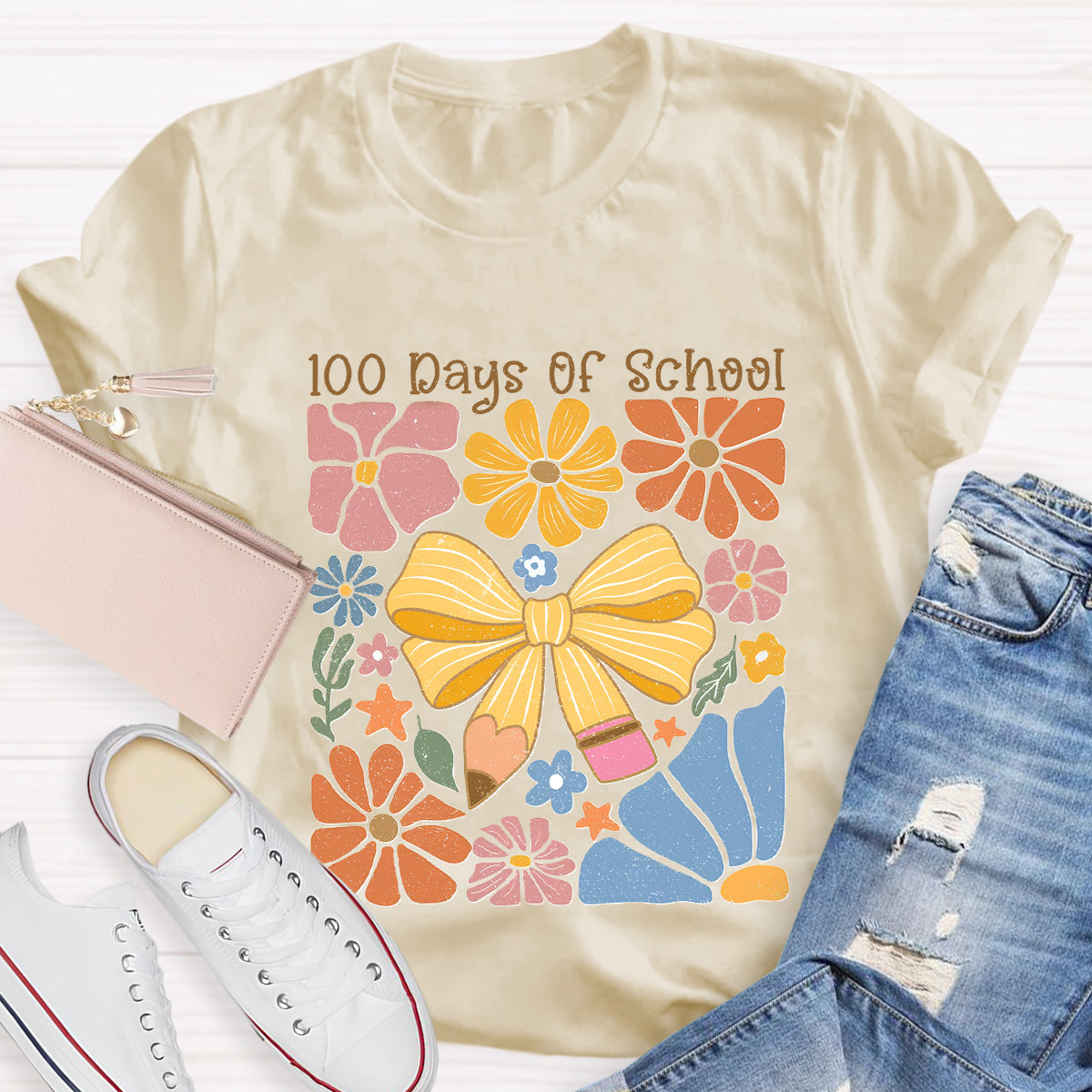 100 Days Of School Floral Teacher T-Shirt