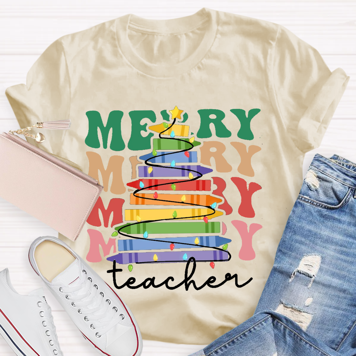 Crayon Christmas Tree Teacher T-Shirt