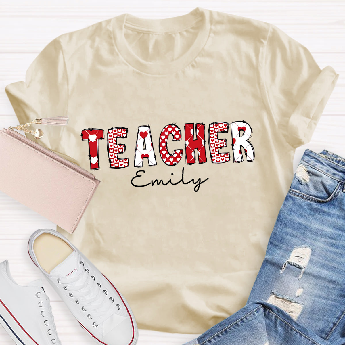 Personalized Name Pink Heart Printed Teacher T-Shirt