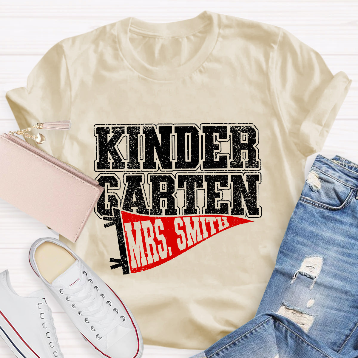 Personalized Grade And Name Flag Shaped Print Teacher T-Shirt