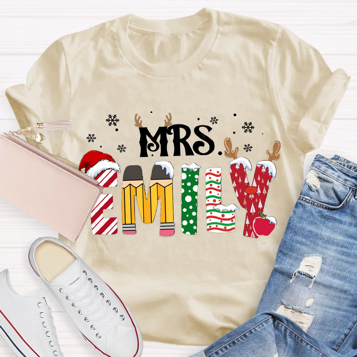 Personalized Name Christmas Teacher Emily T-Shirt