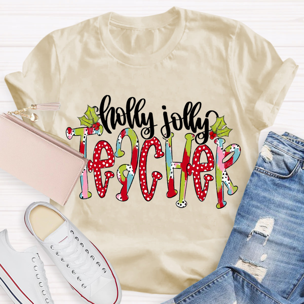 Holly Jolly Teacher Christmas Brushstrokes Dalmatian Dots Hand Lettered Teacher T-Shirt