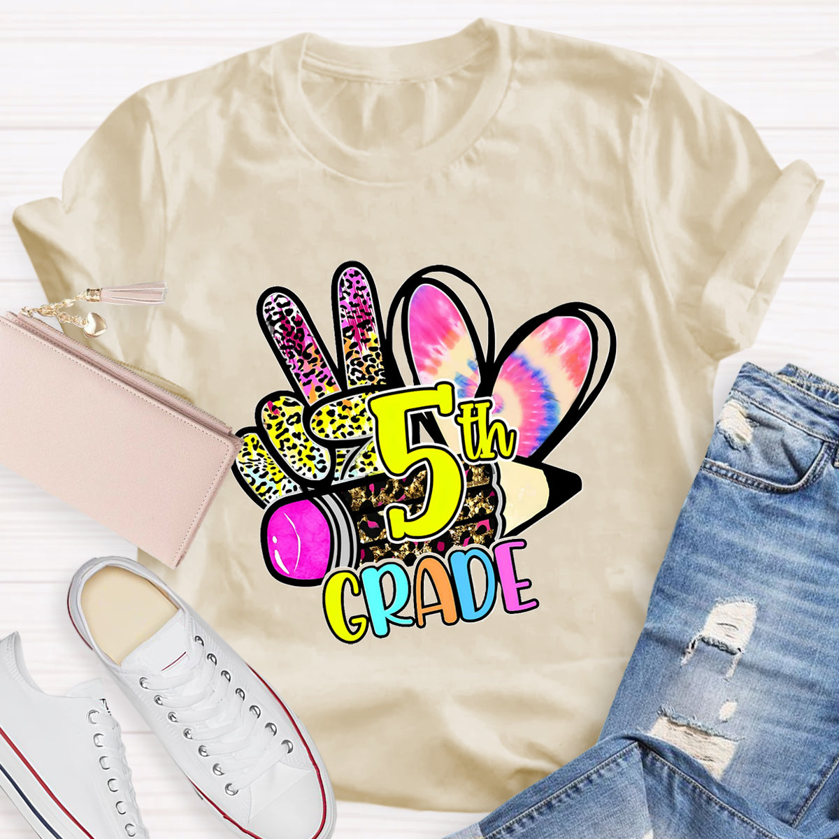 Personalized Grade Colorful  Leopard Heart  5th Grade Teacher T-Shirt