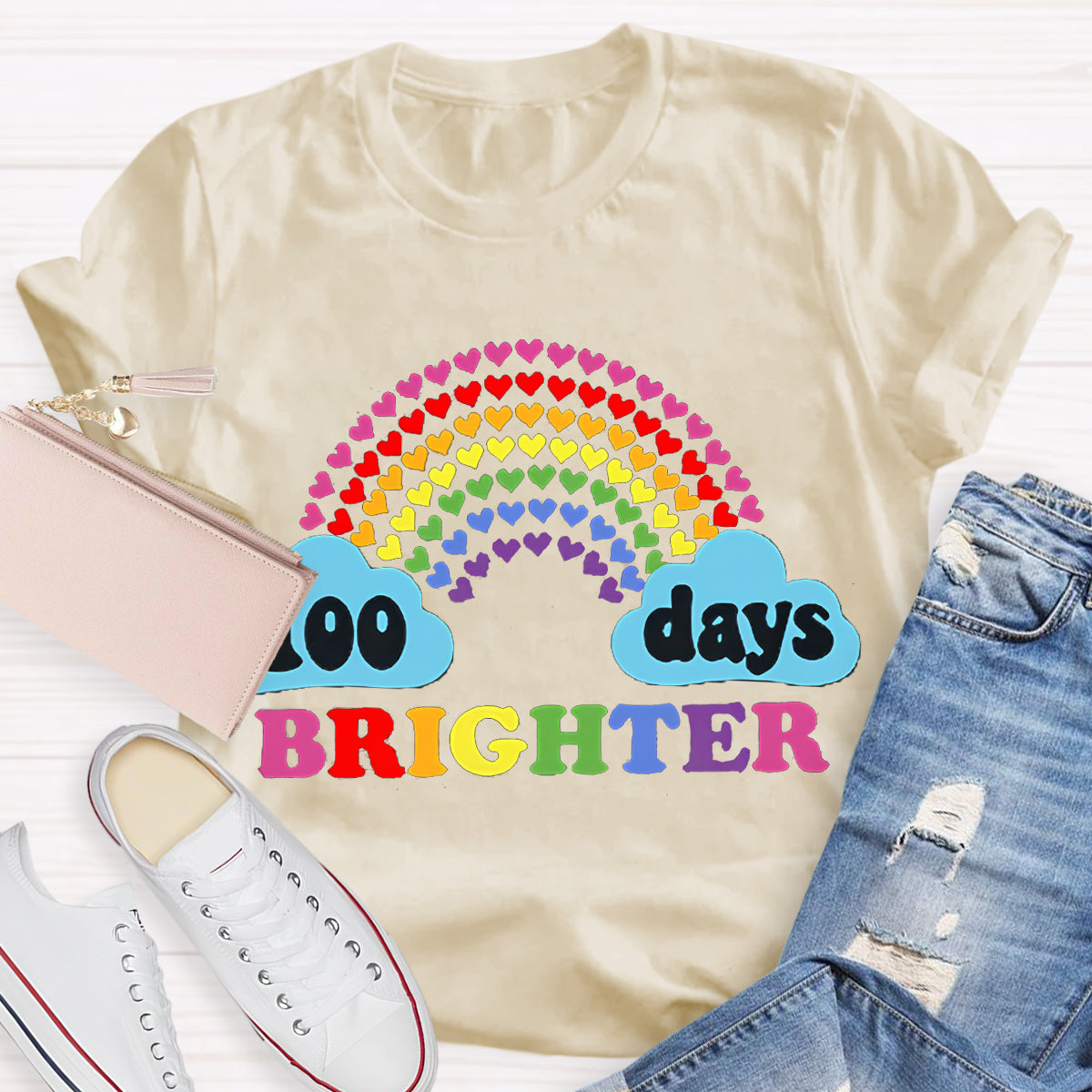 100 Days Brighter Heart Rainbow Teacher T-Shirt