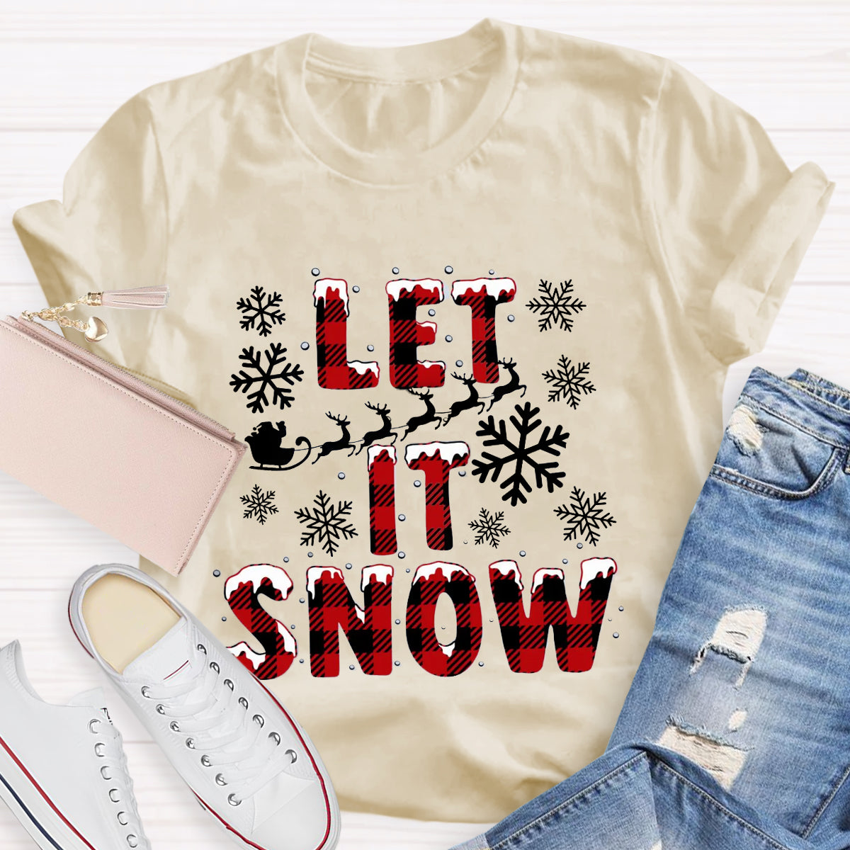 Let It Snow Red Plaid Teacher T-Shirt