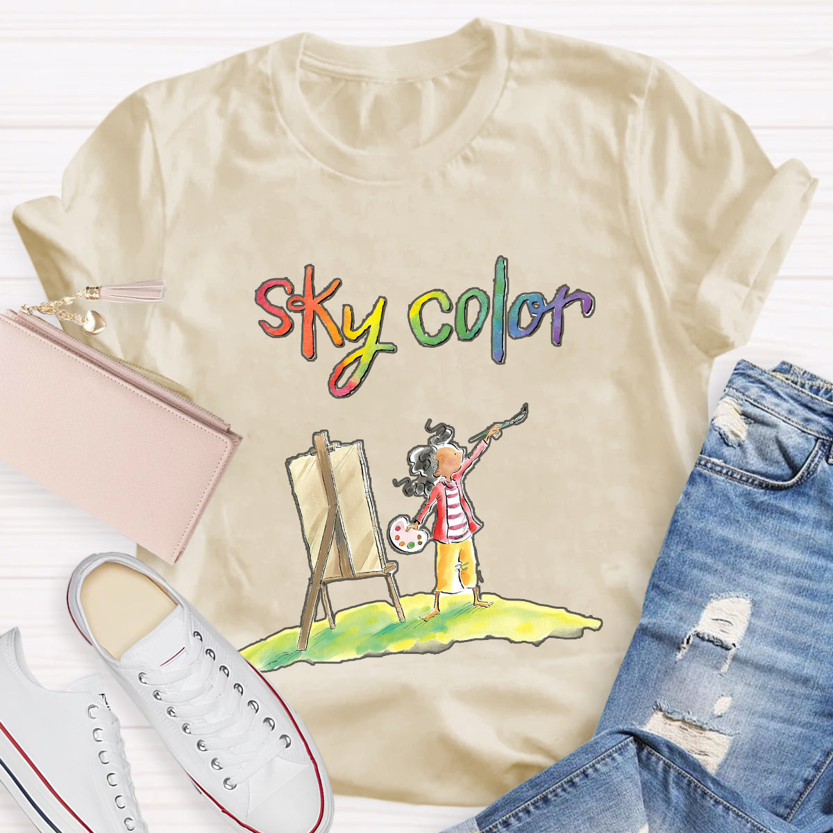 Sky Color Printing Teacher T-Shirt