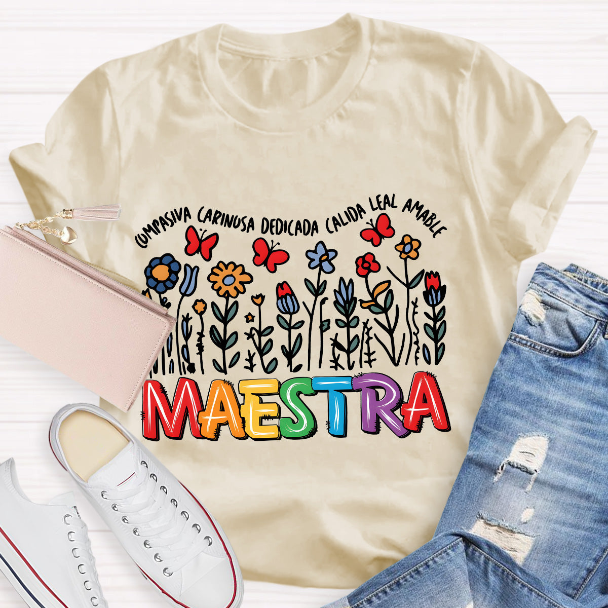 Maestra Butterfly And Flowers Teacher T-Shirt