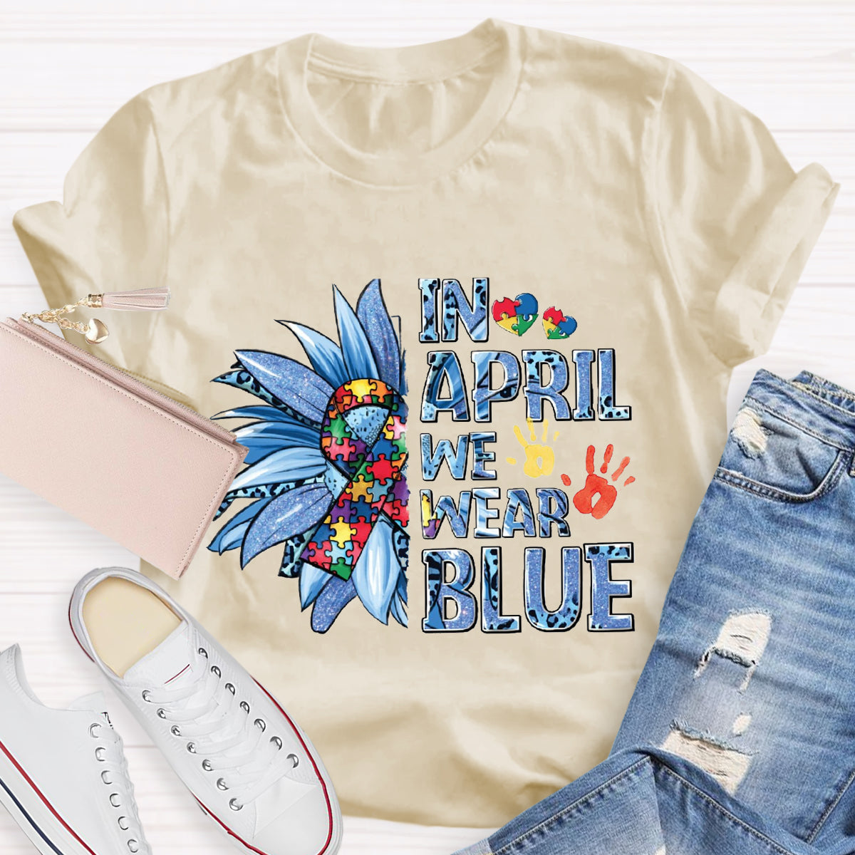 In April We Wear Blue Autism Awareness Puzzle Piece T-Shirt