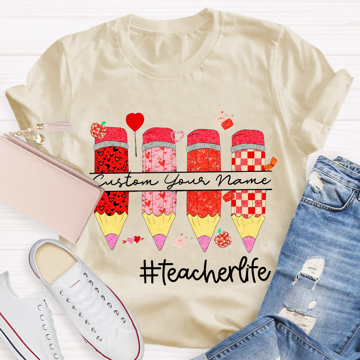 Personalized Name Red Pencil Teacher Life T-Shirt