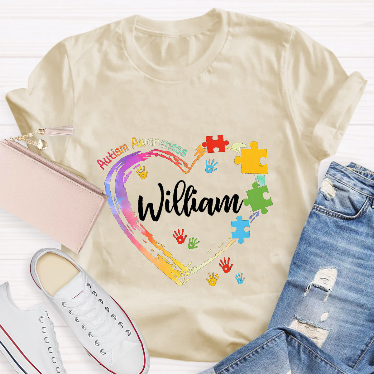 Personalized Name Autism Colorful Heart Teacher T-Shirt