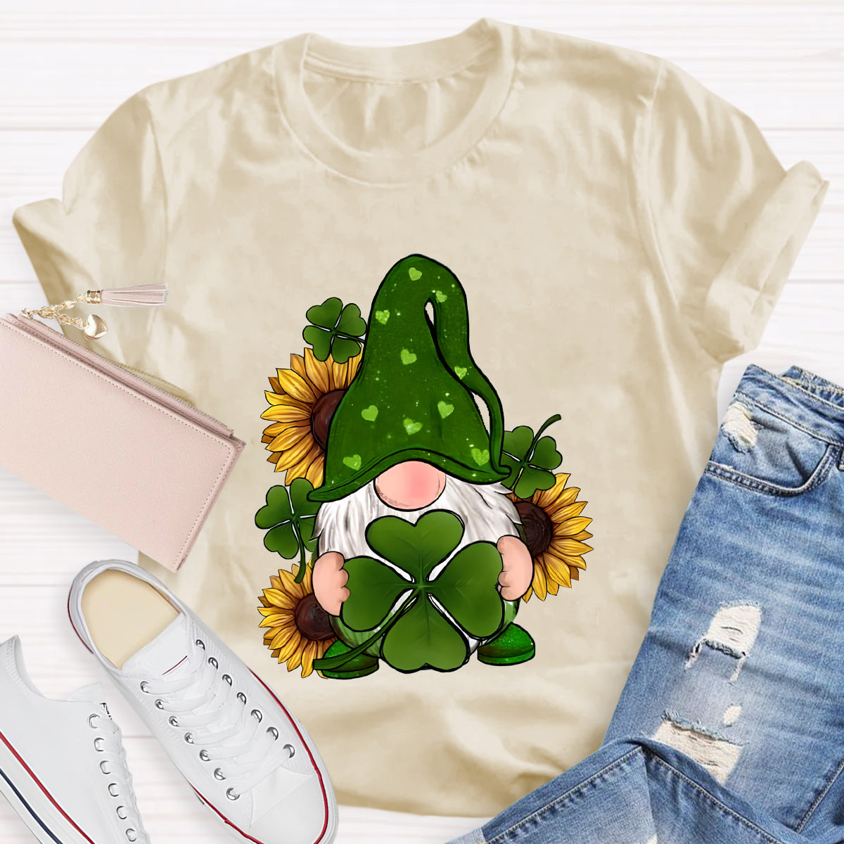 St. Patricks Day Gnome With Sunflowers Teacher T-Shirt