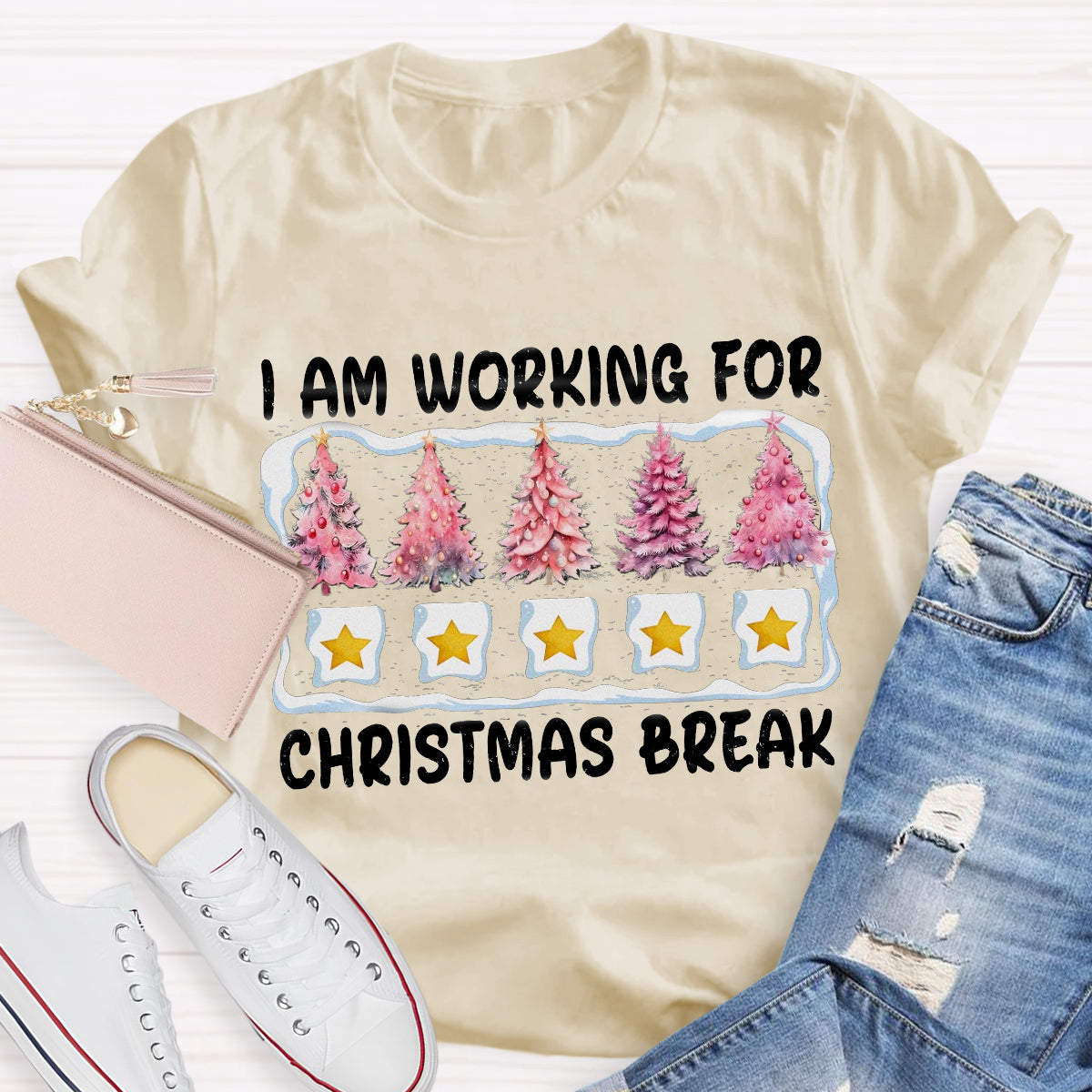 I'm Working For Christmas Break Pink Tree T-Shirt