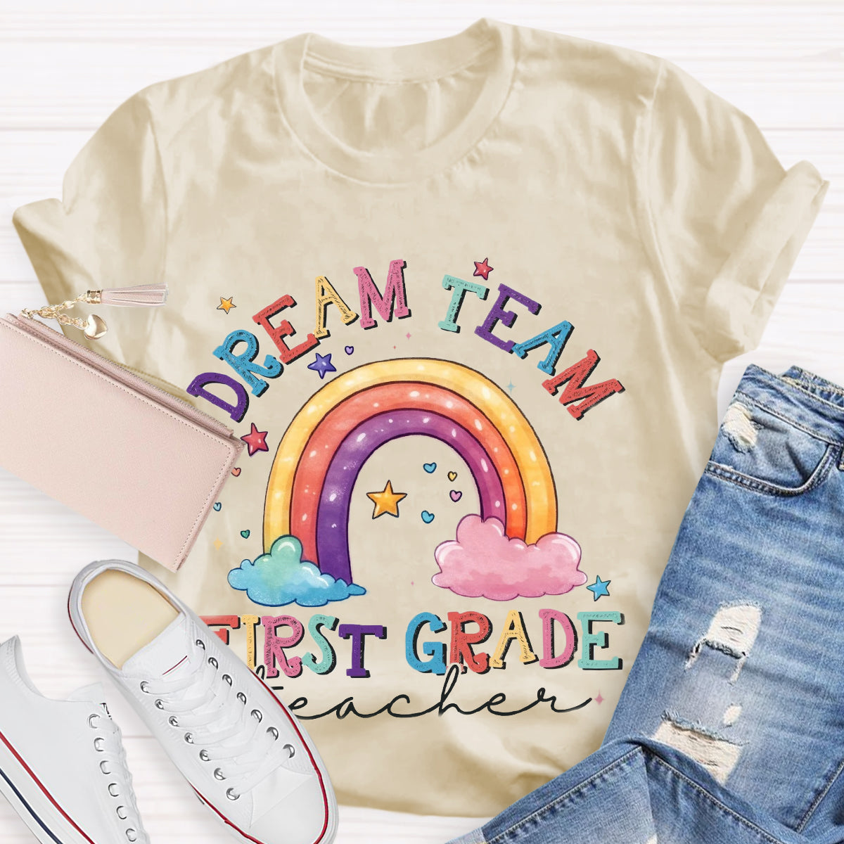 Personalized Grade Dream Team Teacher Rainbow T-Shirt