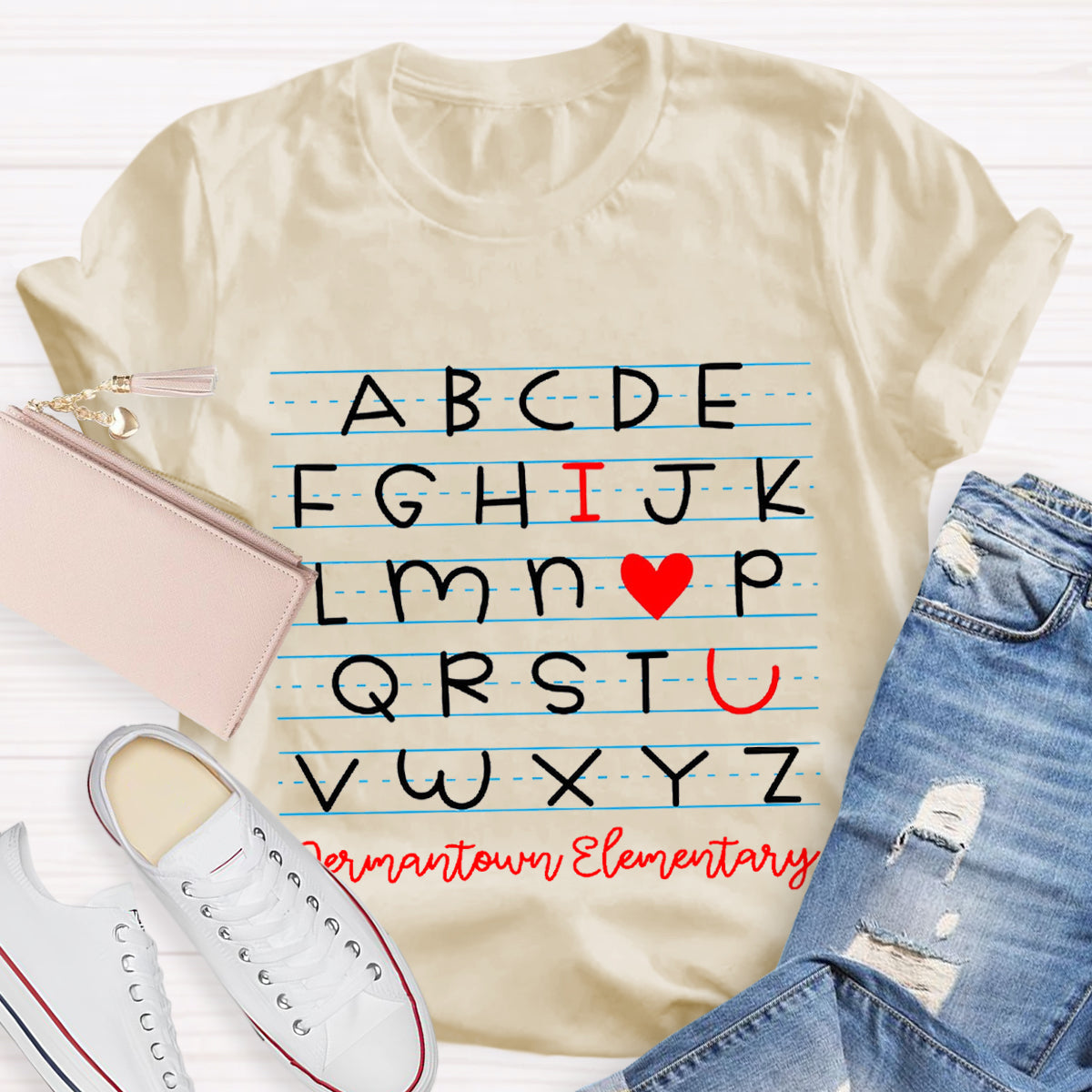 Personalized School Name I Love You Alphabet Teacher T-Shirt