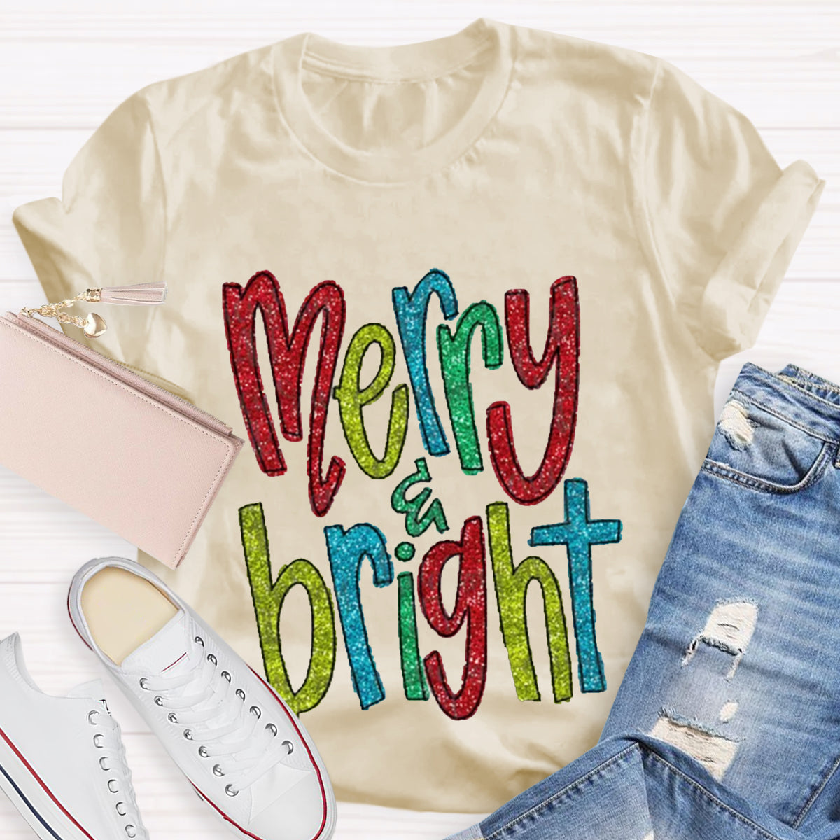 Glitter Merry And Bright Teacher T-Shirt