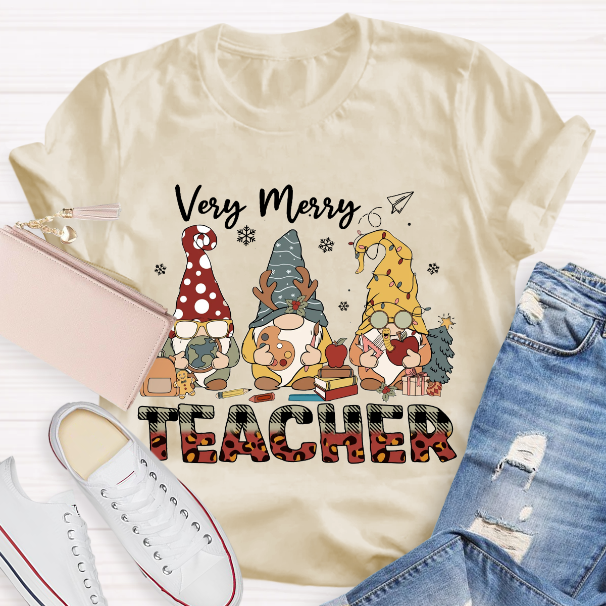 Very Merry Teacher Christmas Gnomes T-Shirt