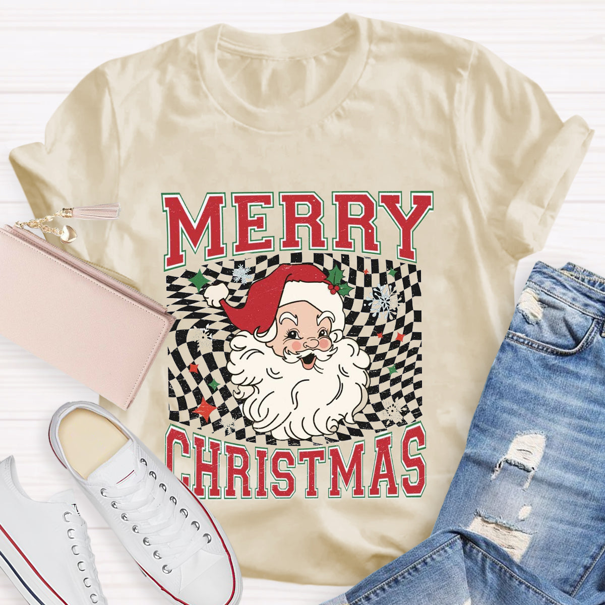 Merry Christmas Plaid Print Santa T-Shirt