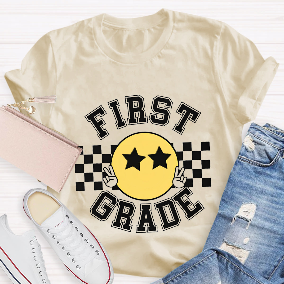 Personalized Grade Chessboard Pattern Teacher T-Shirt
