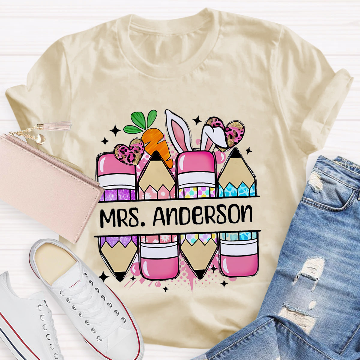 Personalized Name Cute Easter Pencils Teacher T-Shirt