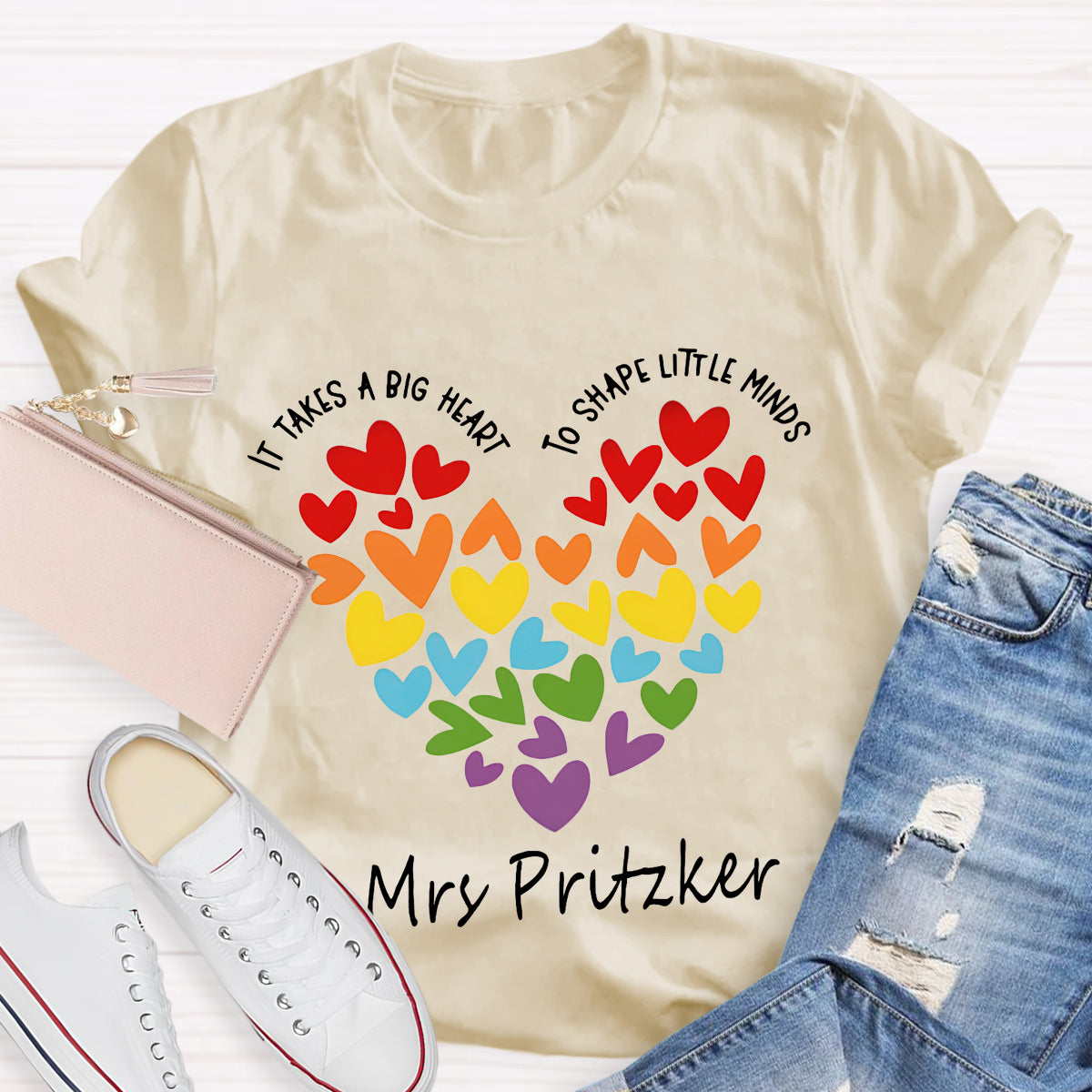 Personalized Name It Takes A Big Heart To Shape Little Minds Teacher T-Shirt