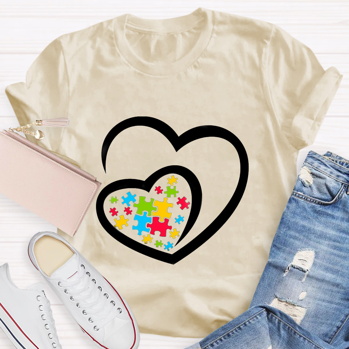 Love Ribbon Heart Puzzle Autism Awareness T-Shirt